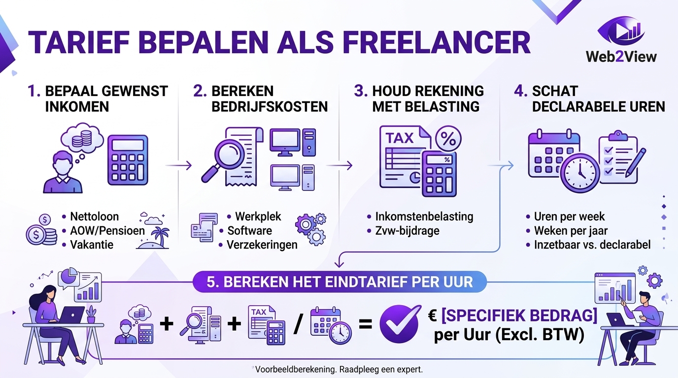 infographic voor tarief berekenen als freelancer op basis van inkomen, kosten en declarabele uren