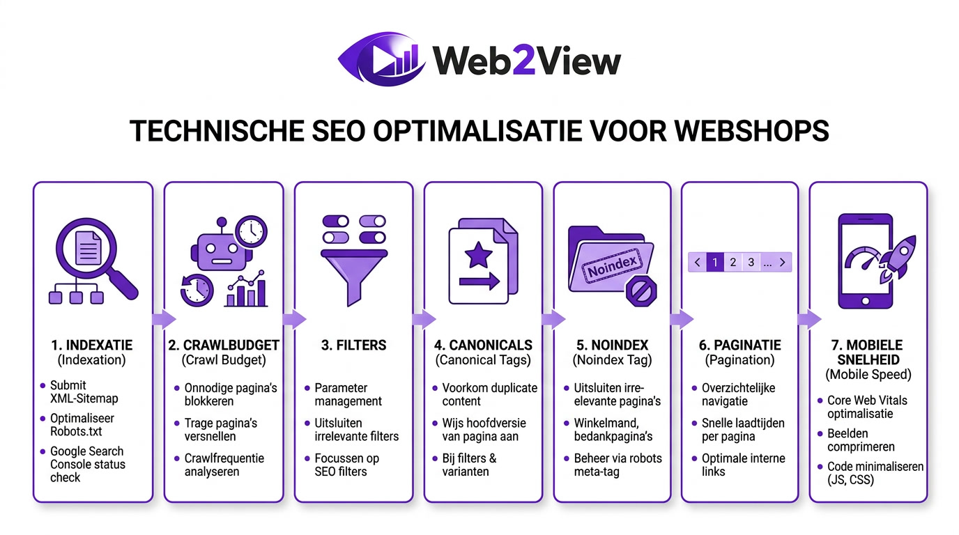 flow van technische seo voor webshops met indexatie canonicals filters mobiele snelheid en crawlbudget