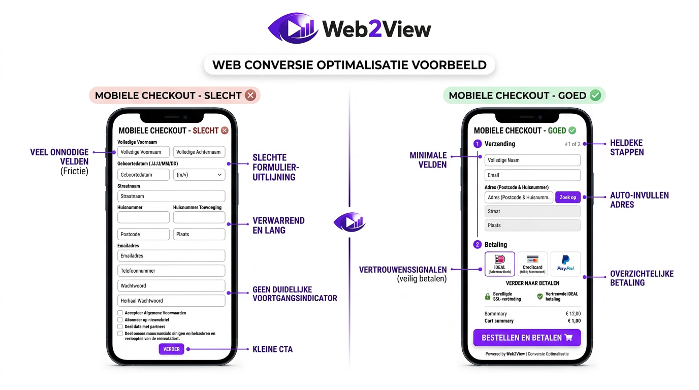 voor en na vergelijking van een formulier of mobiele checkout voor hogere conversie