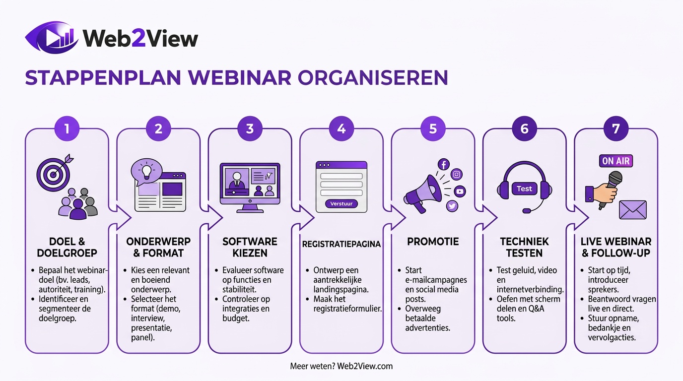 overzicht van het stappenplan voor een webinar organiseren van voorbereiding tot follow up