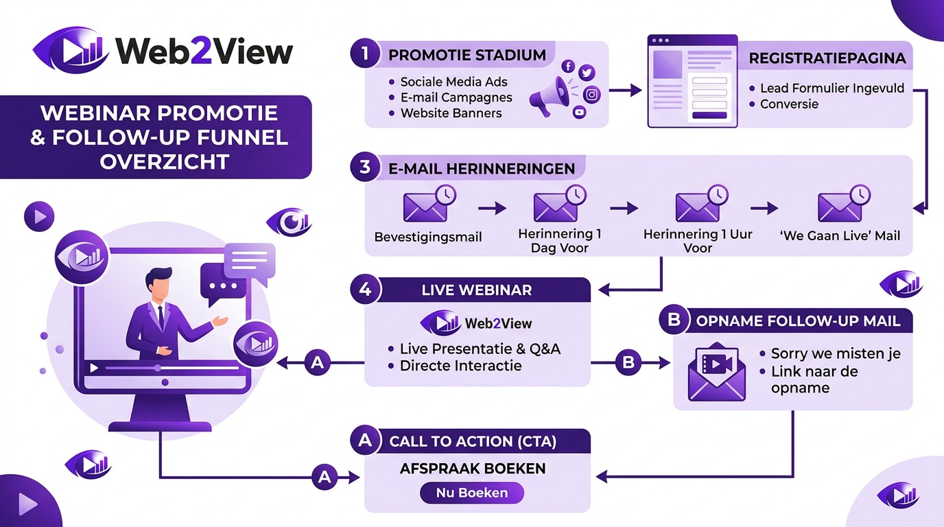 flowchart van webinar promotie en follow up met registratie reminders live sessie en opvolging