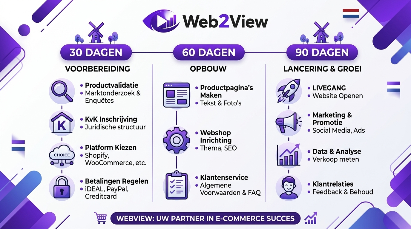infographic met 30 60 90 dagen lanceerplan voor een webshop beginnen