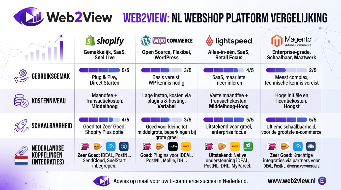 vergelijking van webshopplatformen zoals Shopify WooCommerce Lightspeed en Magento