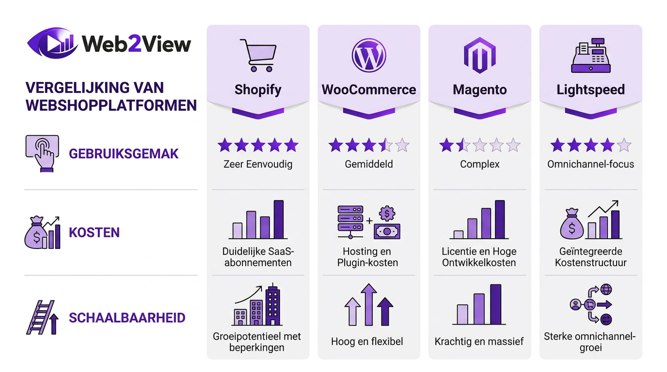 vergelijking van webshopplatformen zoals shopify woocommerce magento en lightspeed