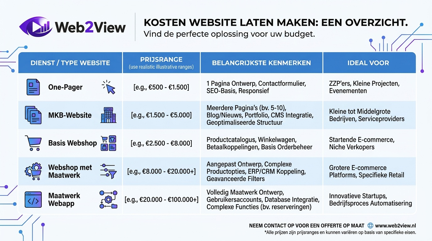 prijstabel met kosten voor website laten maken per type website
