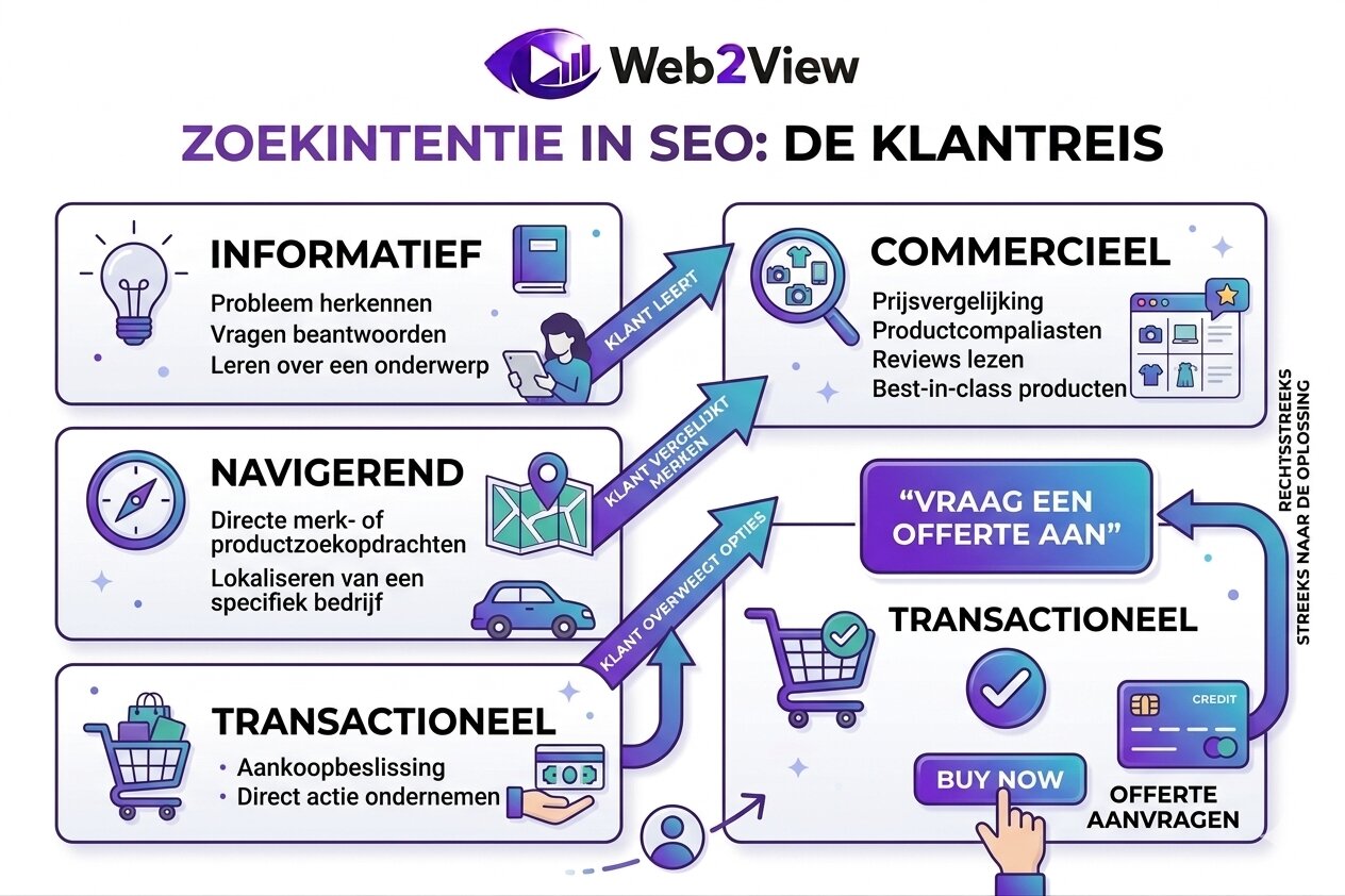 overzicht van zoekintentie in SEO met informatieve commerciële en transactionele zoekopdrachten