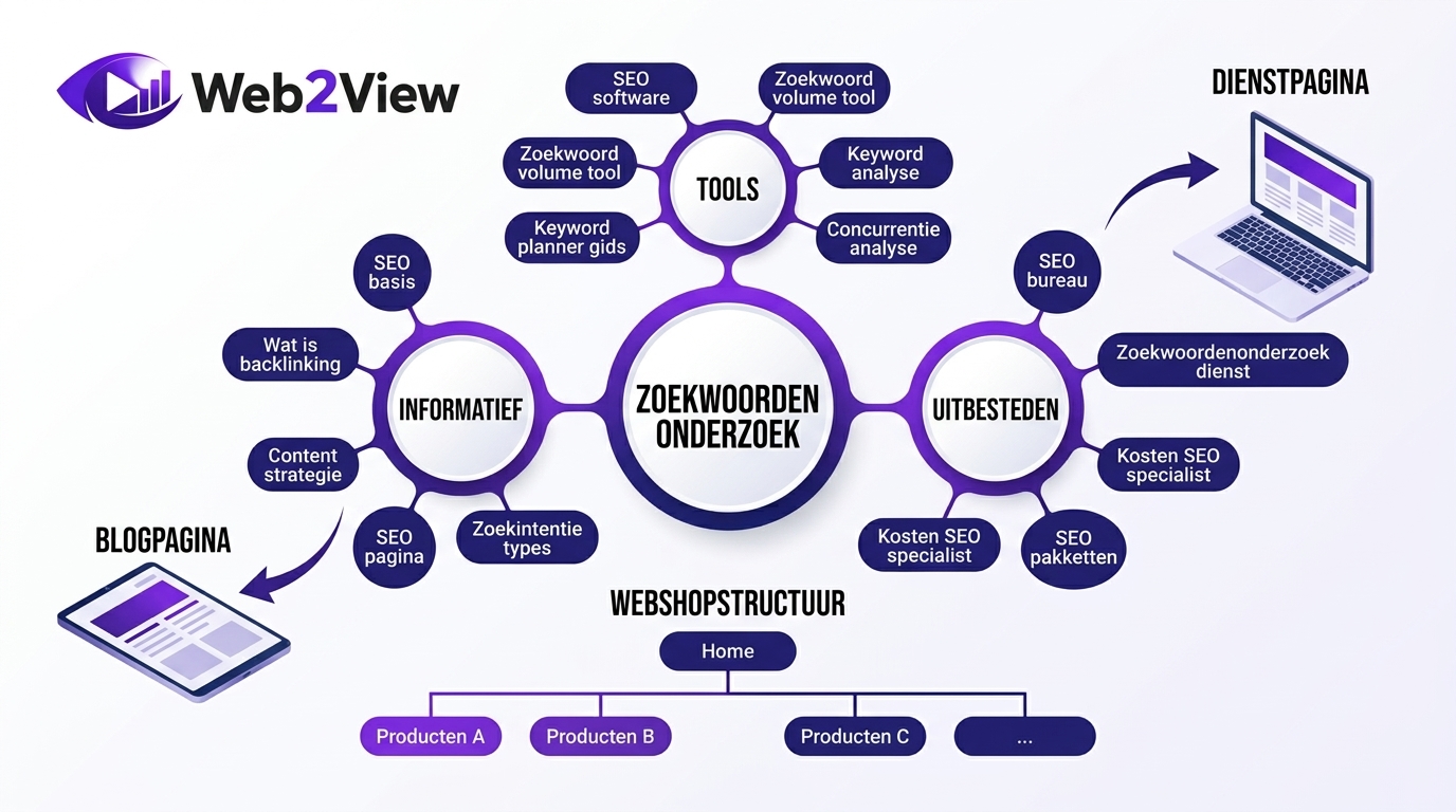 diagram met een zoekwoordencluster voor blog, dienstpagina en webshop
