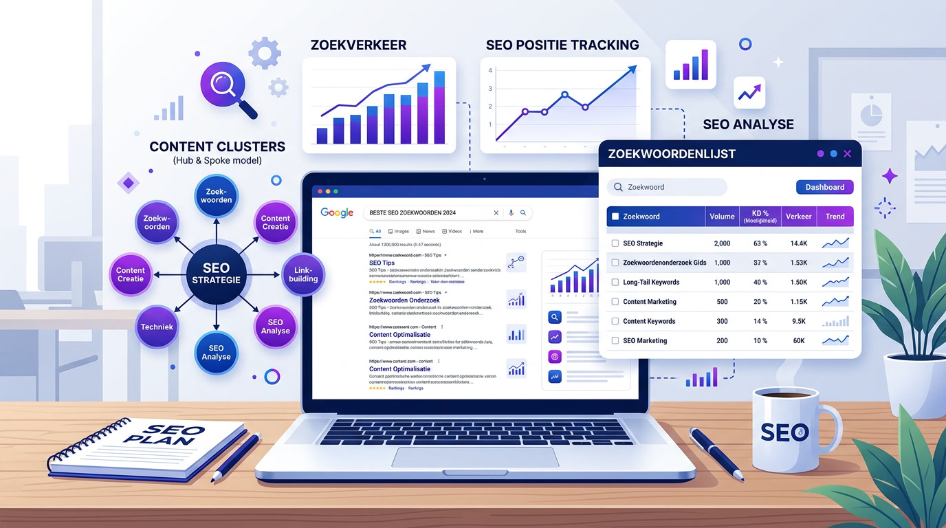 illustratie van zoekwoordenonderzoek voor seo met zoekwoorden, analyses en contentplanning
