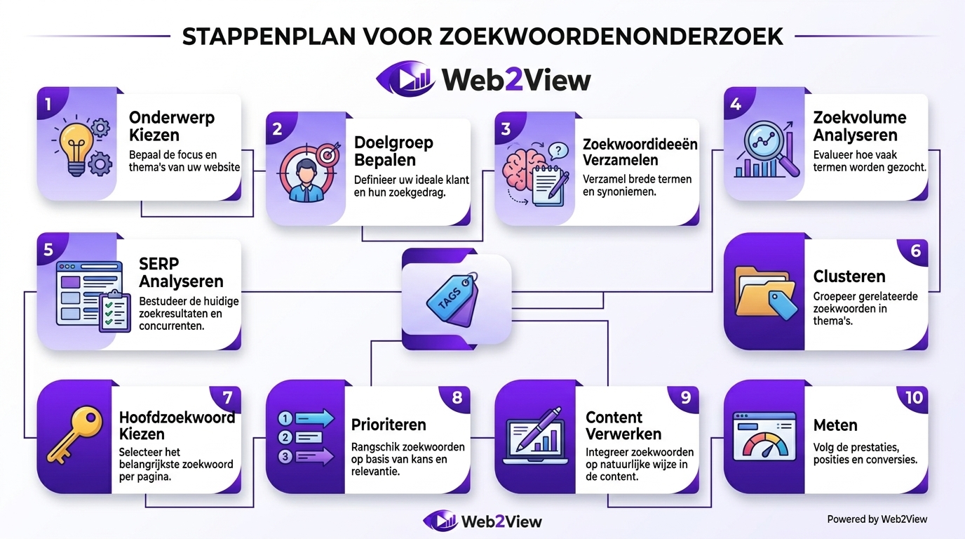 infographic met een praktisch stappenplan voor zoekwoordenonderzoek