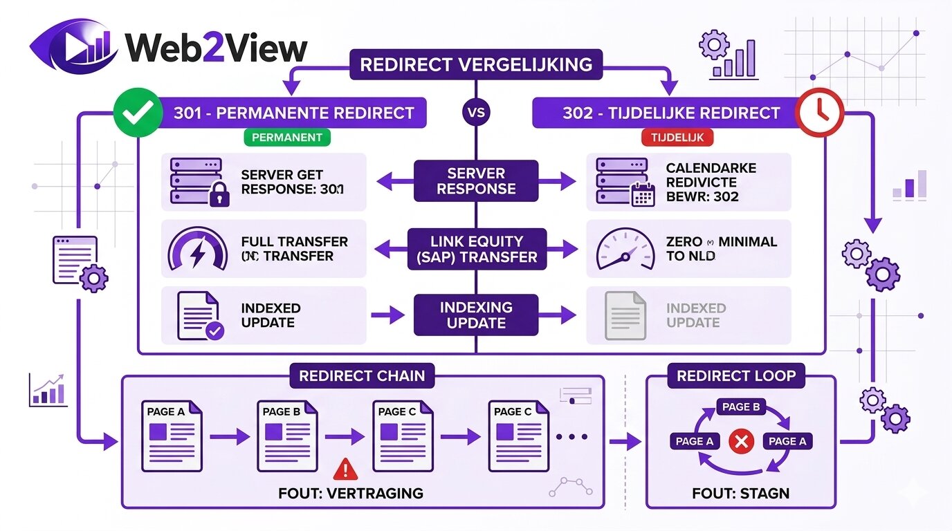 vergelijking tussen 301 en 302 redirect met voorbeelden van redirect chain en redirect loop