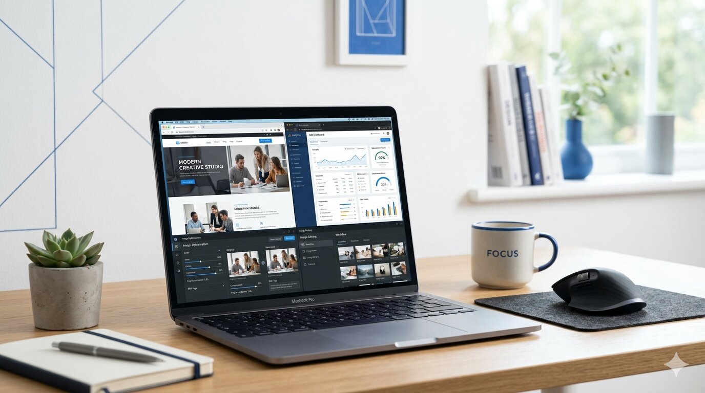 laptop met website en geoptimaliseerde afbeeldingen voor seo en laadsnelheid