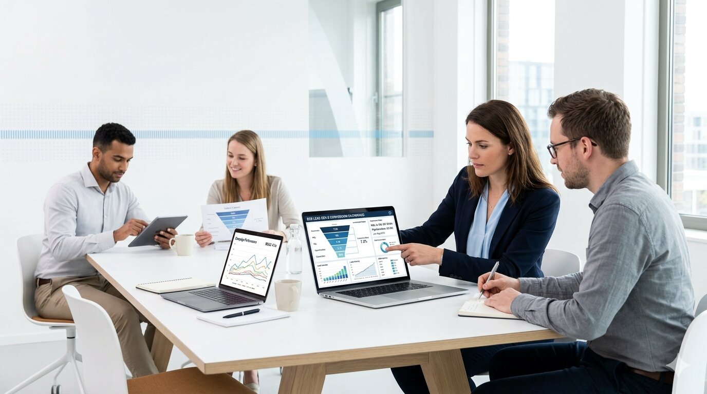 b2b marketingteam analyseert leadgeneratie conversie en sales funnel op dashboard