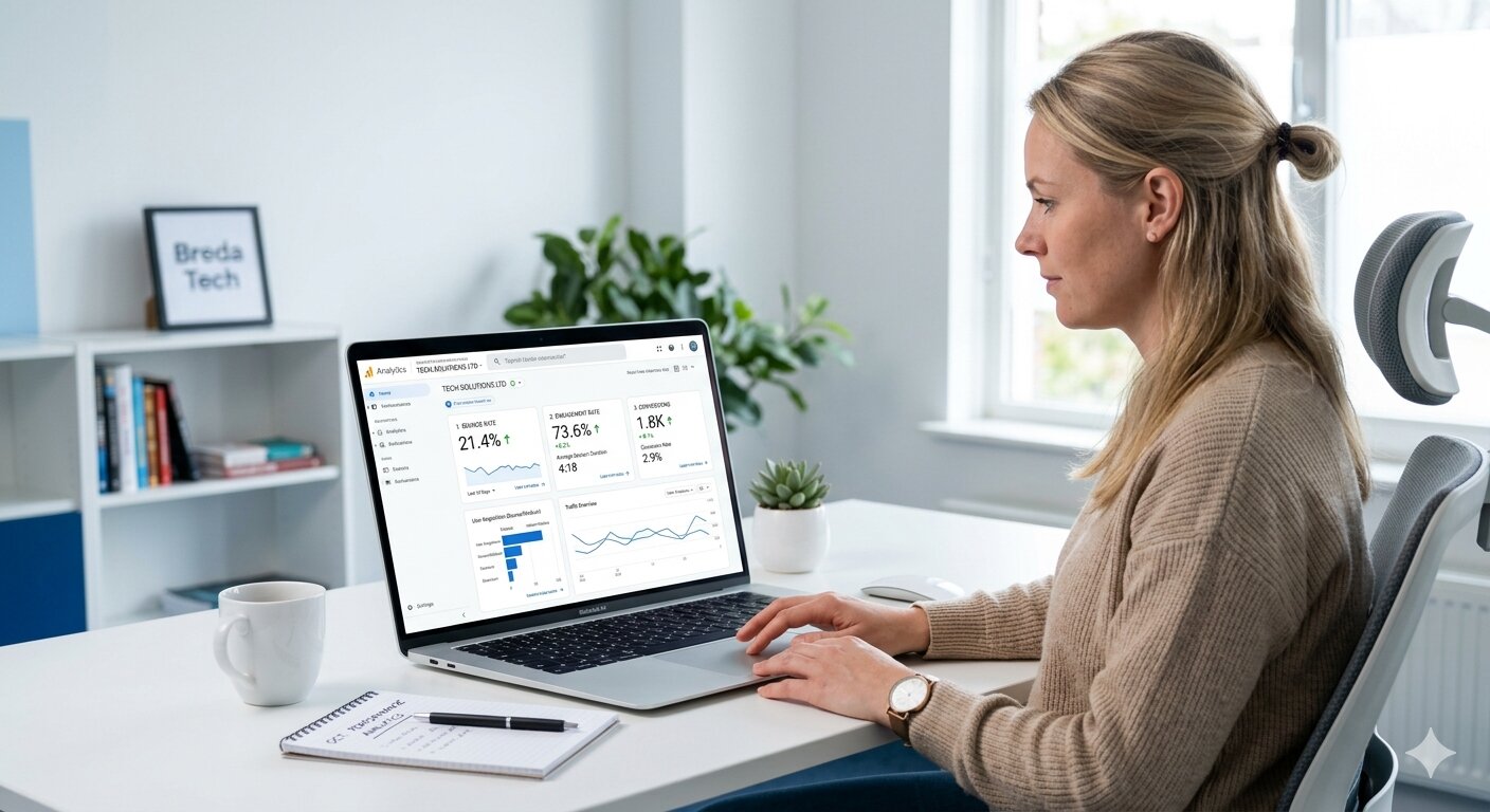 analytics dashboard met bounce rate engagement rate en conversies op laptop