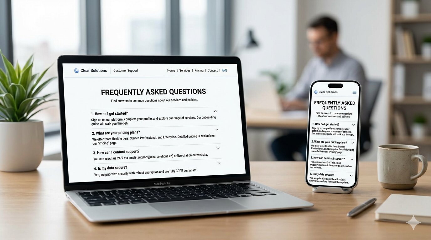 website met overzichtelijke faq pagina op laptop en mobiel scherm