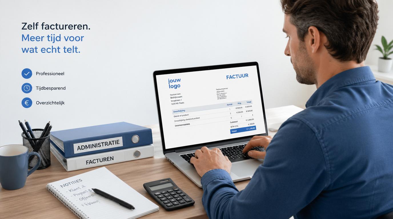 zzp ondernemer maakt een factuur op laptop met administratie en calculator