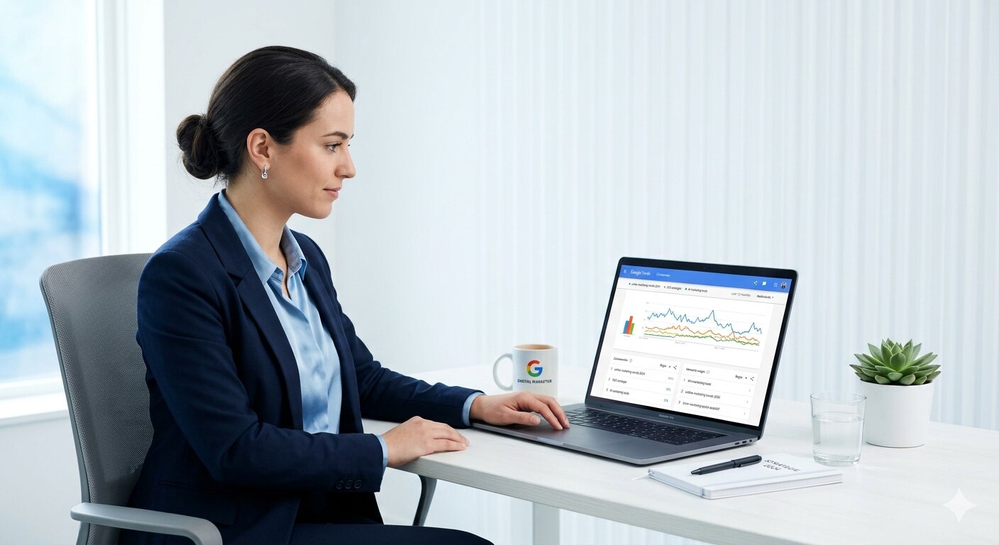 marketeer analyseert zoektrends en zoekwoorden in Google Trends op laptop