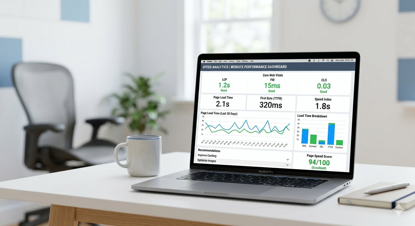 laptop met websitesnelheid dashboard en Core Web Vitals scores