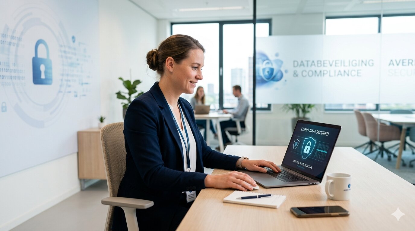 medewerker beveiligt persoonsgegevens op laptop met digitaal slot icoon