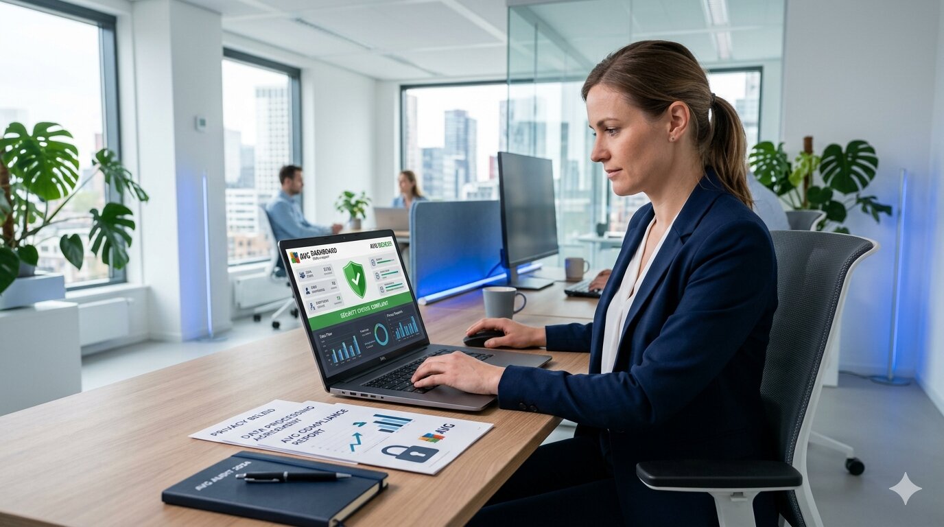 laptop met AVG dashboard voor persoonsgegevens verwerken en privacybeheer