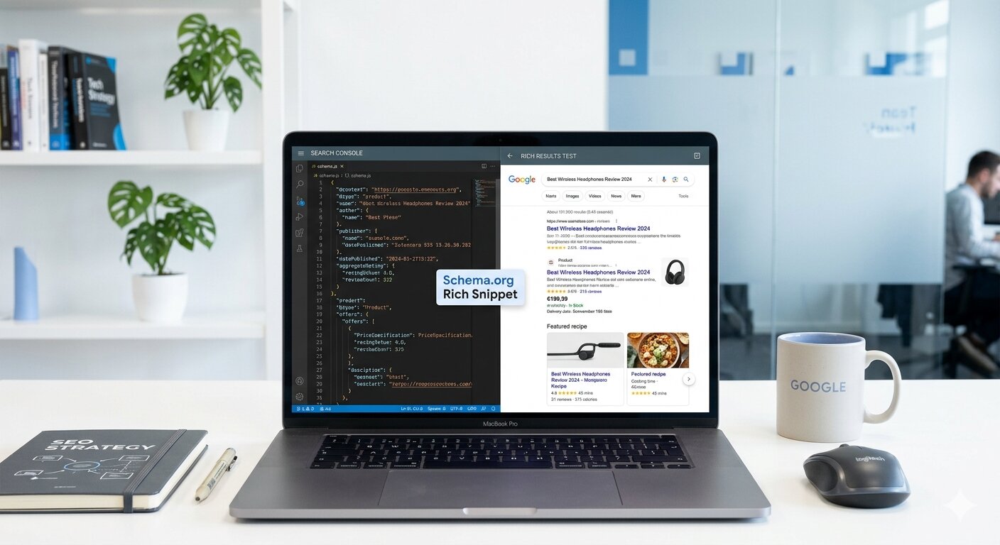 laptop met schema markup code en zoekresultaten met rich snippets