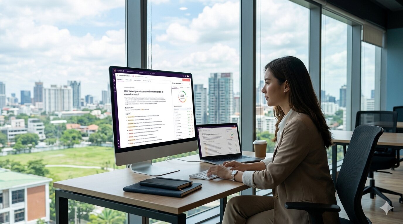 marketeer gebruikt Surfer SEO contentoptimalisatie tool met content score en zoekresultaten op laptop