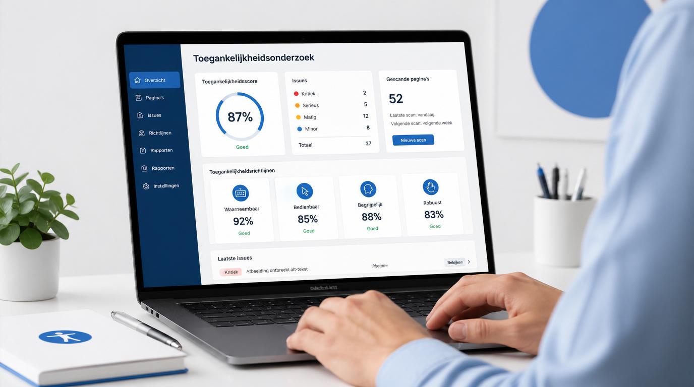 persoon voert toegankelijkheidsonderzoek uit op website met audit dashboard