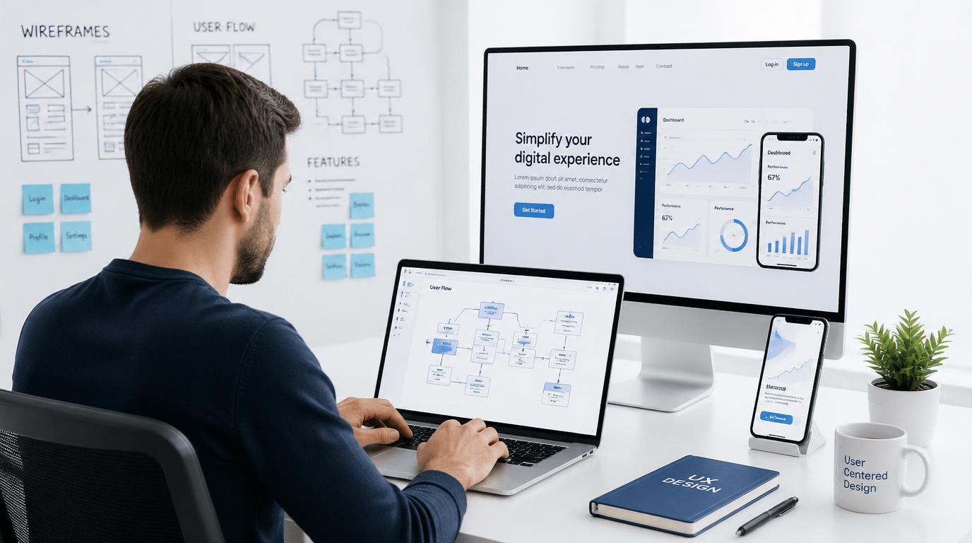 ux designer werkt aan wireframes en gebruikersflow voor website en app