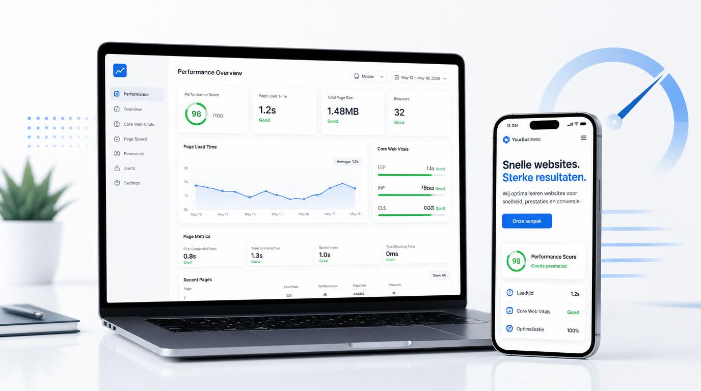 dashboard met website performance scores en Core Web Vitals op laptop en mobiel