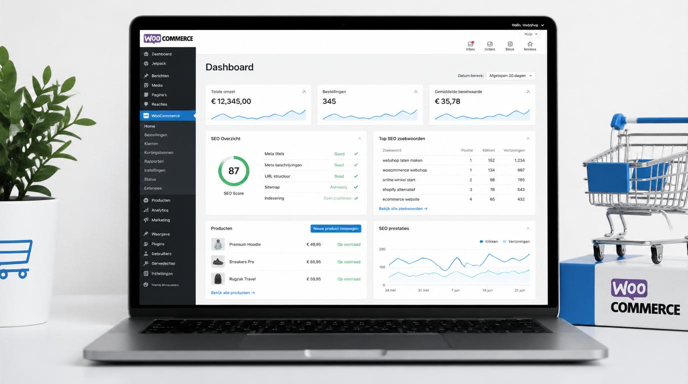 WooCommerce webshop dashboard met SEO statistieken en productpagina’s