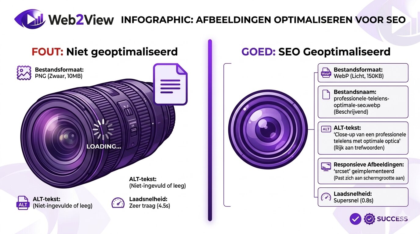 vergelijking van slechte en goede seo optimalisatie van afbeeldingen met formaat bestandsnaam en alt tekst