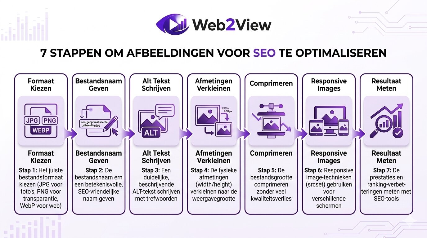 infographic met 7 stappen voor afbeeldingen optimaliseren voor seo