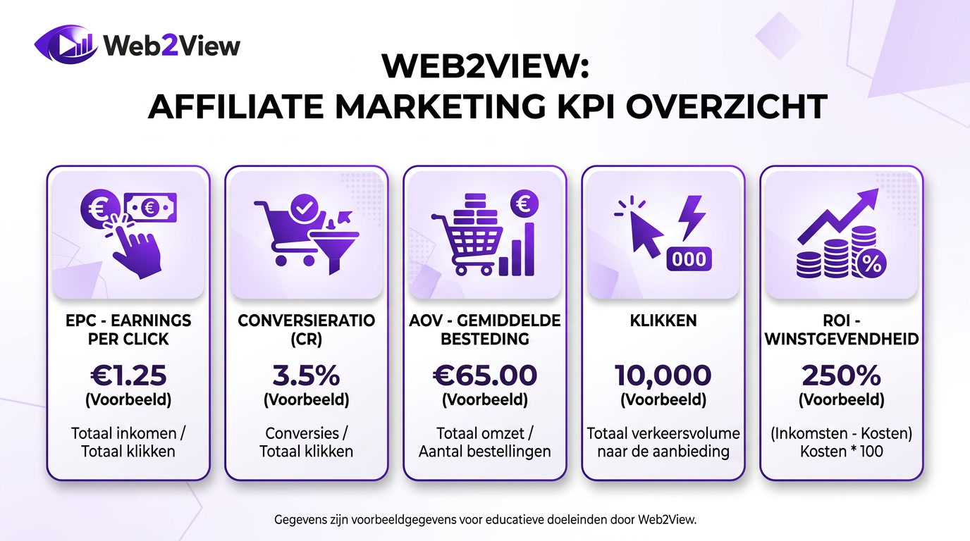 overzicht van affiliate marketing kpis zoals epc conversieratio aov klikken en roi