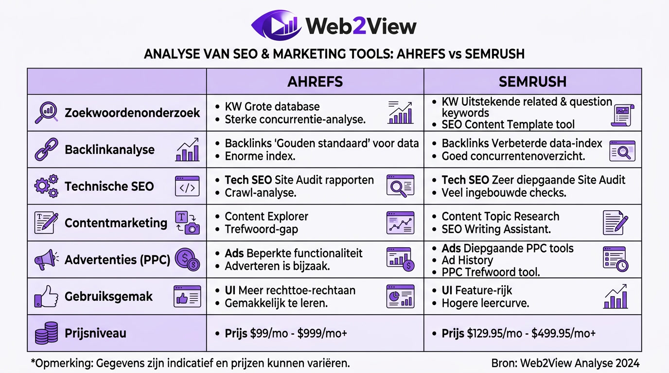 vergelijking tussen ahrefs en semrush op zoekwoorden backlinks technische seo content en gebruiksgemak