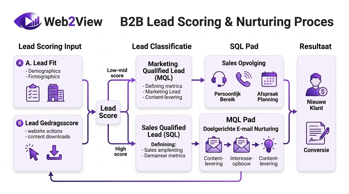 schema van b2b lead scoring nurturing mql sql en sales opvolging