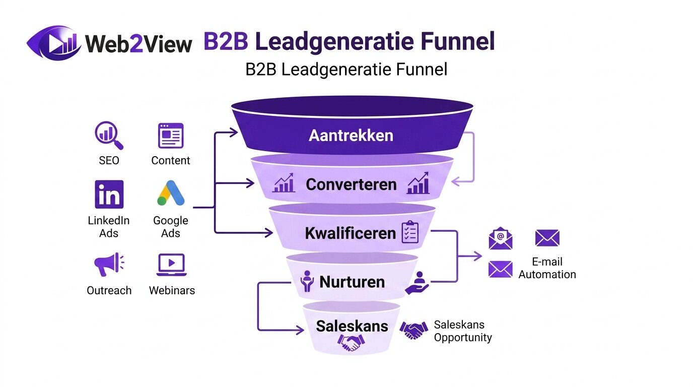 infographic van b2b leadgeneratie funnel met seo linkedin ads outreach webinars en e mail automation