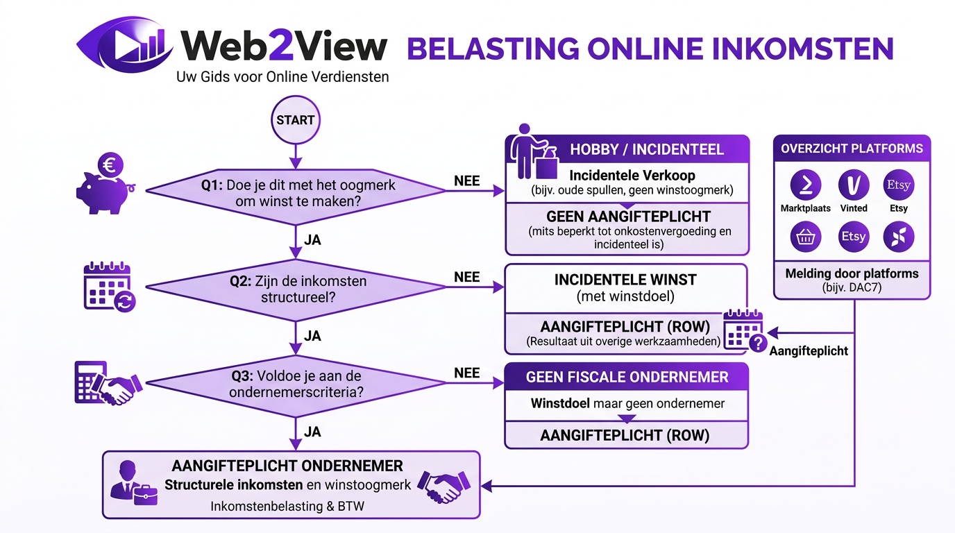 beslisboom voor belasting online inkomsten met privéverkoop structurele inkomsten en aangifteplicht
