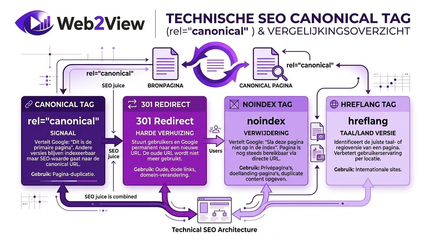 overzicht van canonical tag vergeleken met 301 redirect noindex en hreflang