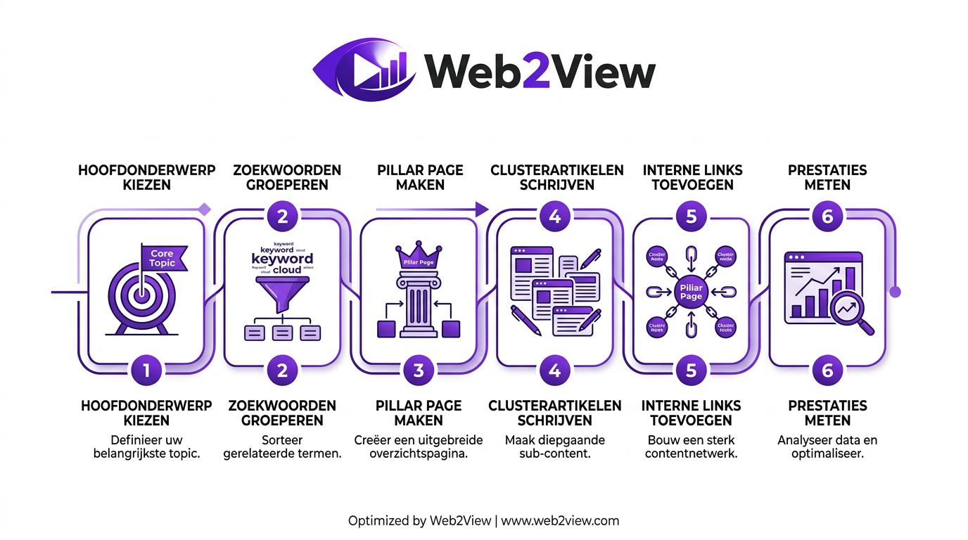 stappenplan voor content clusters opbouwen van onderwerp kiezen tot interne links en meting