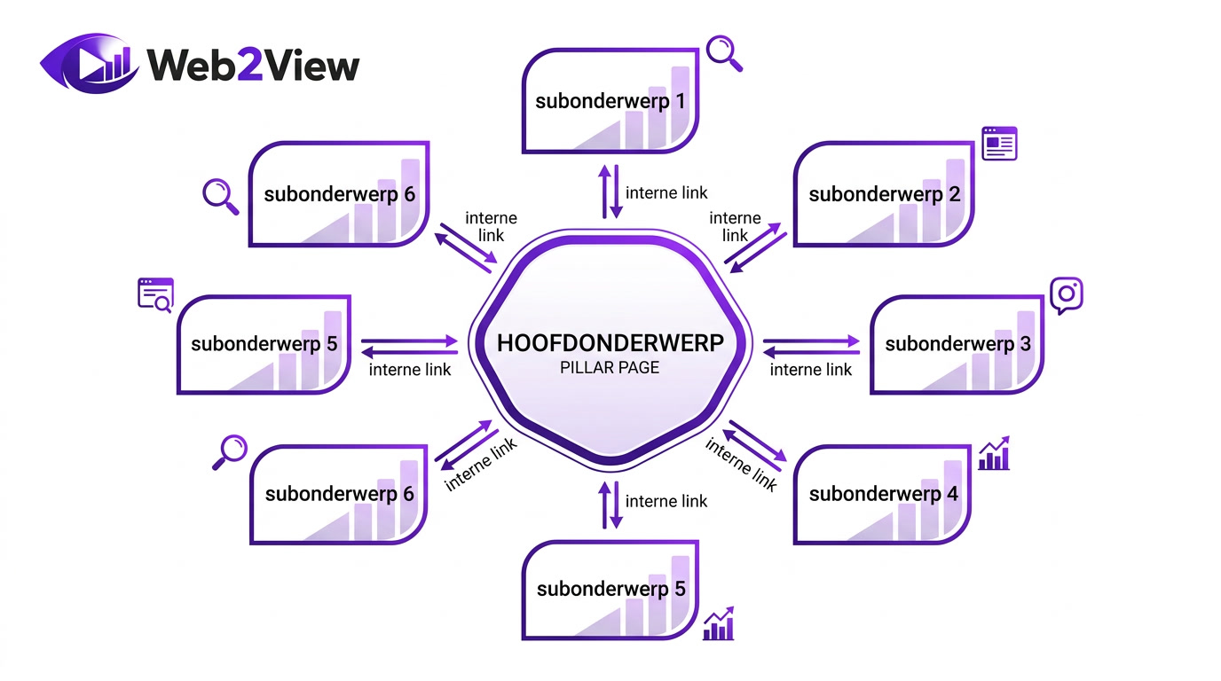 overzicht van een content cluster met pillar page en meerdere clusterpagina’s die intern naar elkaar linken