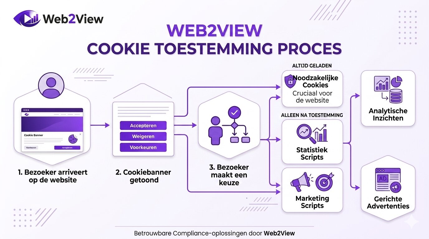 infographic van cookie toestemming met cookiebanner voorkeuren en script blocking