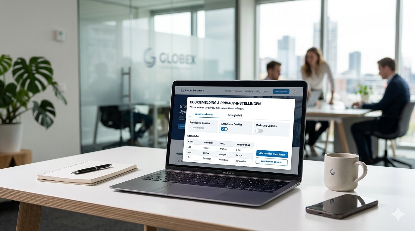 website met cookie consent banner en privacy instellingen op laptop