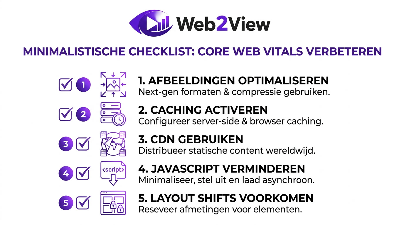 checklist met acties om core web vitals te verbeteren zoals caching afbeeldingen en javascript optimalisatie