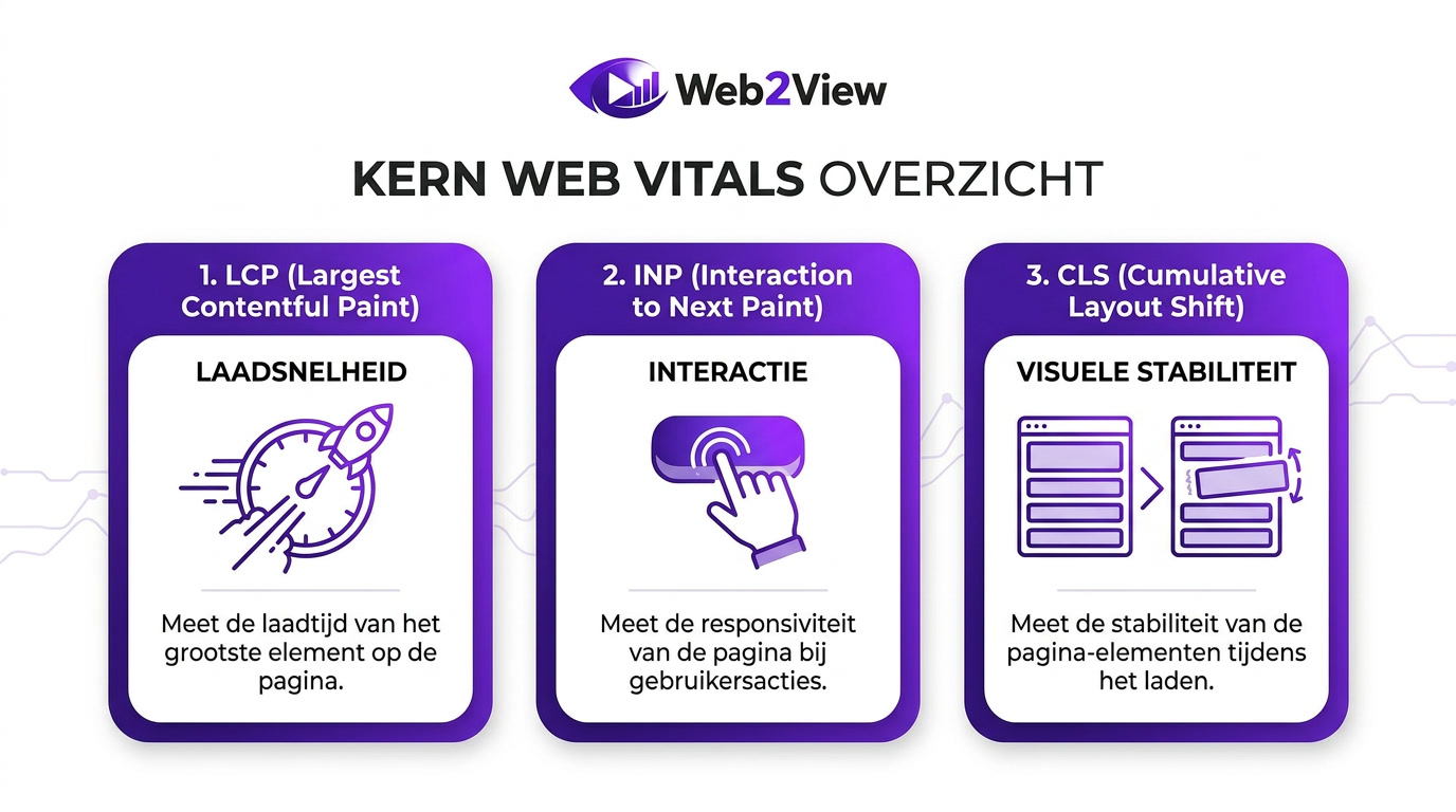 overzicht van core web vitals metrics lcp inp en cls met uitleg per onderdeel