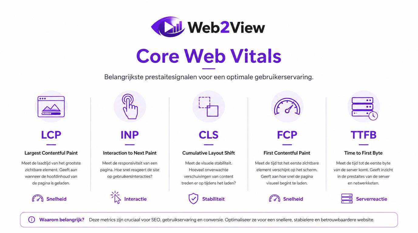 overzicht van Core Web Vitals zoals LCP INP CLS FCP en TTFB