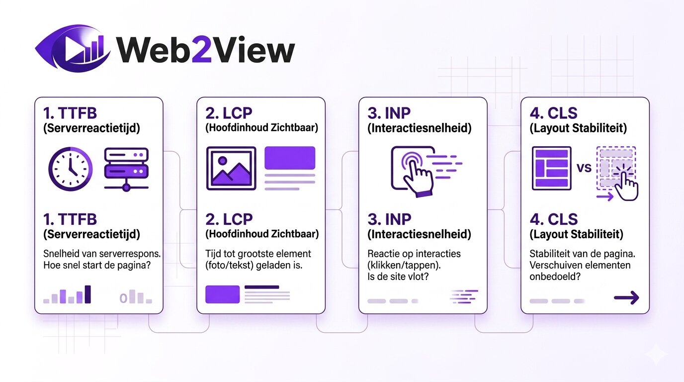 infographic van Core Web Vitals met LCP CLS INP en TTFB voor page speed