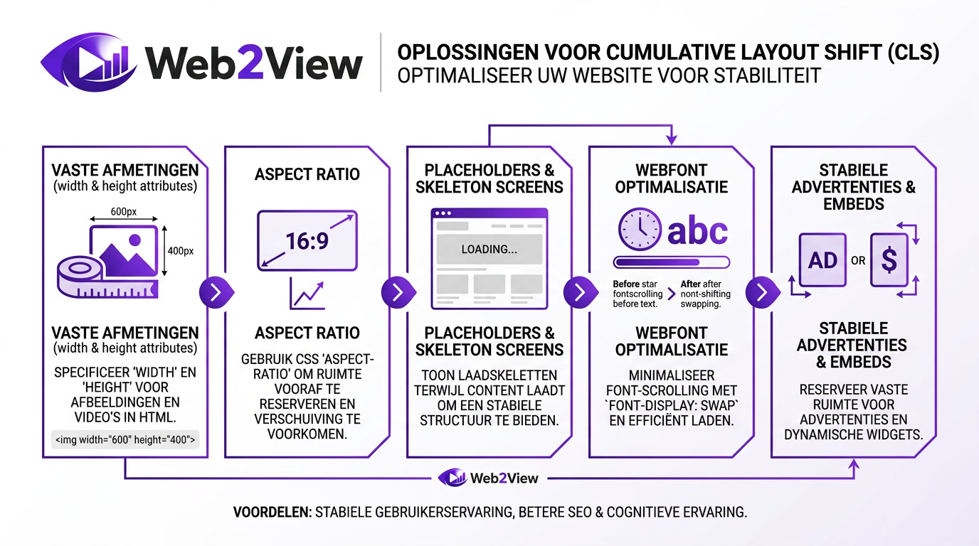 overzicht van praktische oplossingen voor cumulative layout shift zoals aspect ratio placeholders en font optimalisatie