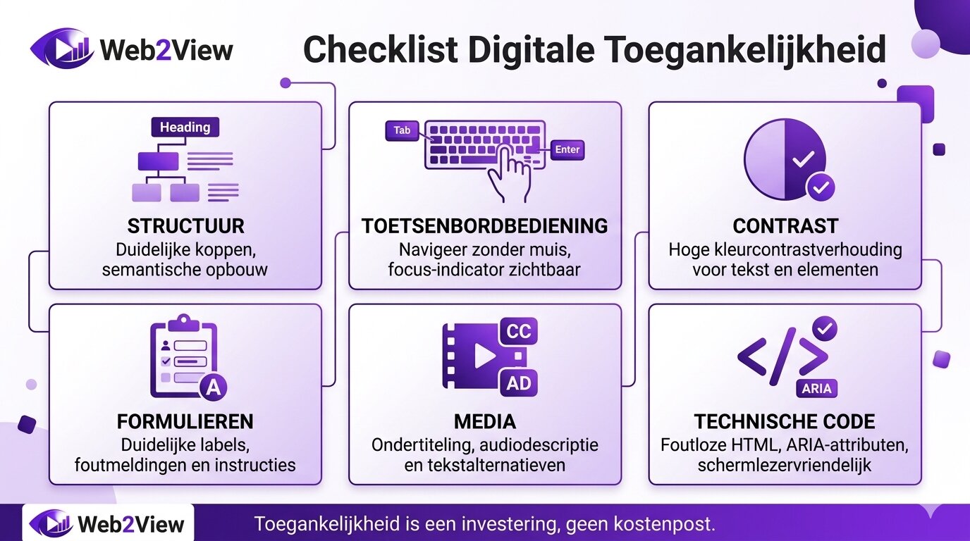 checklist voor digitale toegankelijkheid met structuur toetsenbordbediening contrast formulieren en media