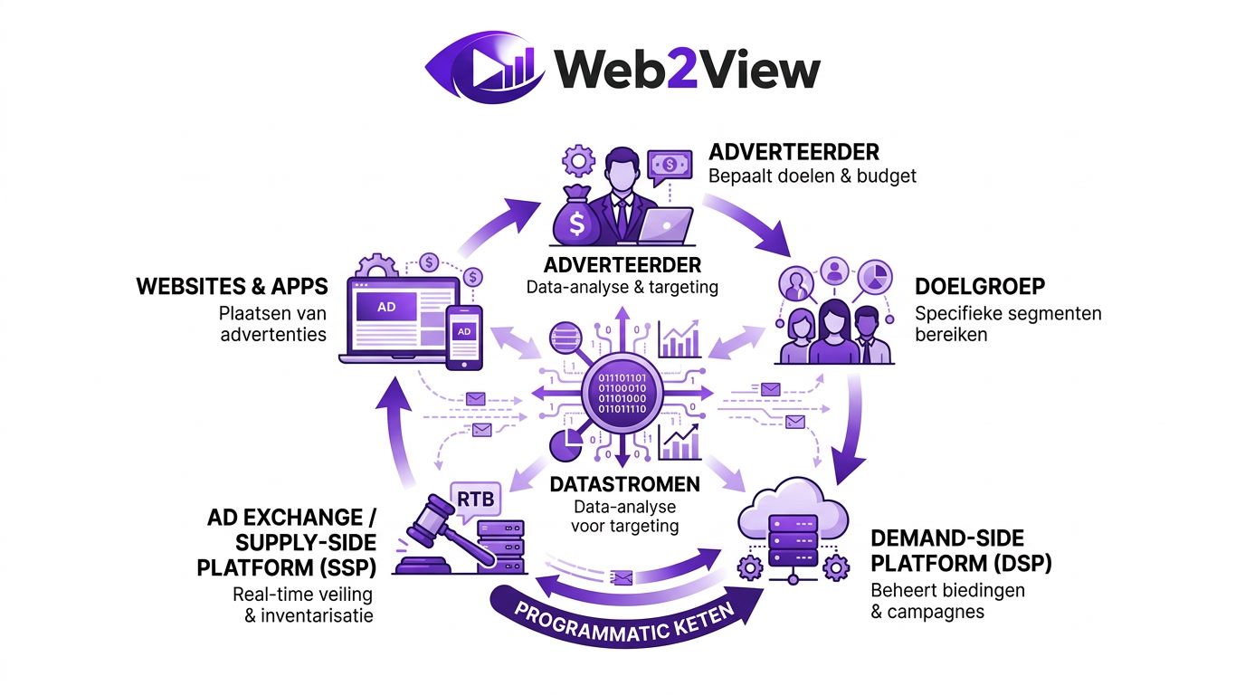 infographic van het display advertising ecosysteem met platformen doelgroepen websites apps en datastromen