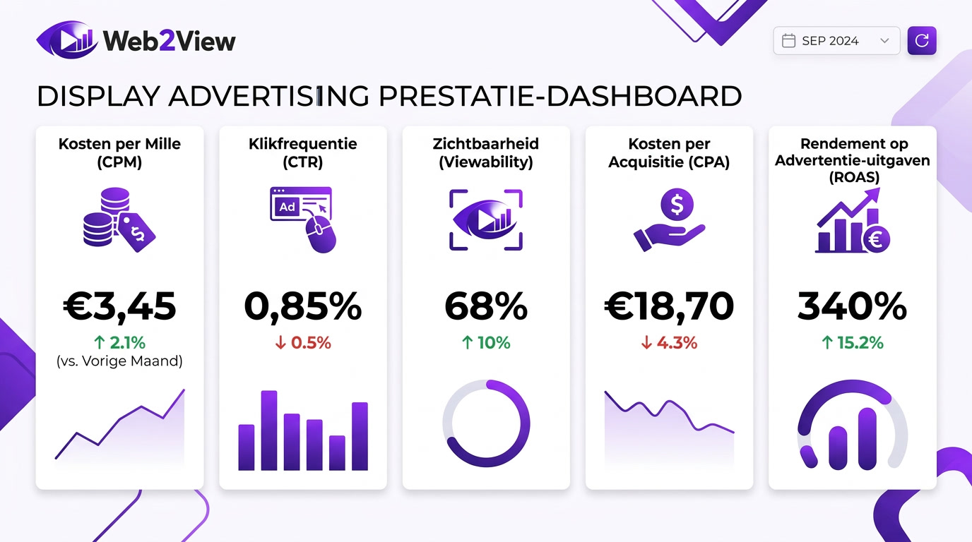 overzicht van display advertising kpis zoals cpm ctr viewability cpa en roas