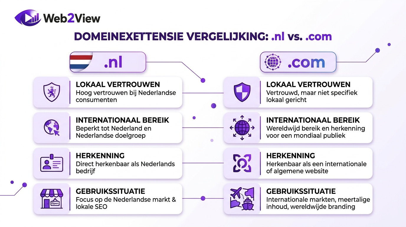 vergelijking van .nl en .com domeinextensies voor lokaal en internationaal gebruik